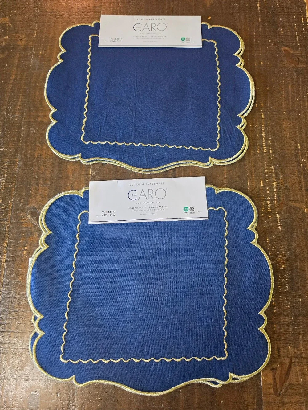 Caro Scalloped Edge Blue Placemats with Gold Trim - Set of 2- 8 Total